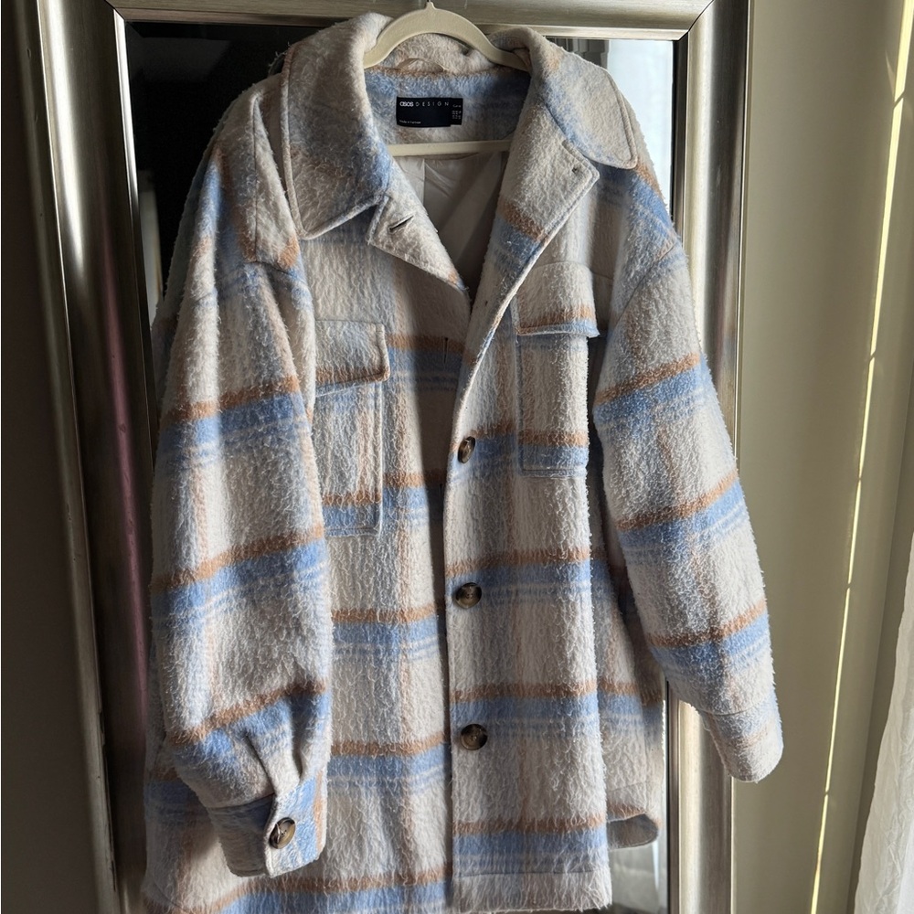 ASOS Blue and Cream Plaid Teddy Jacket